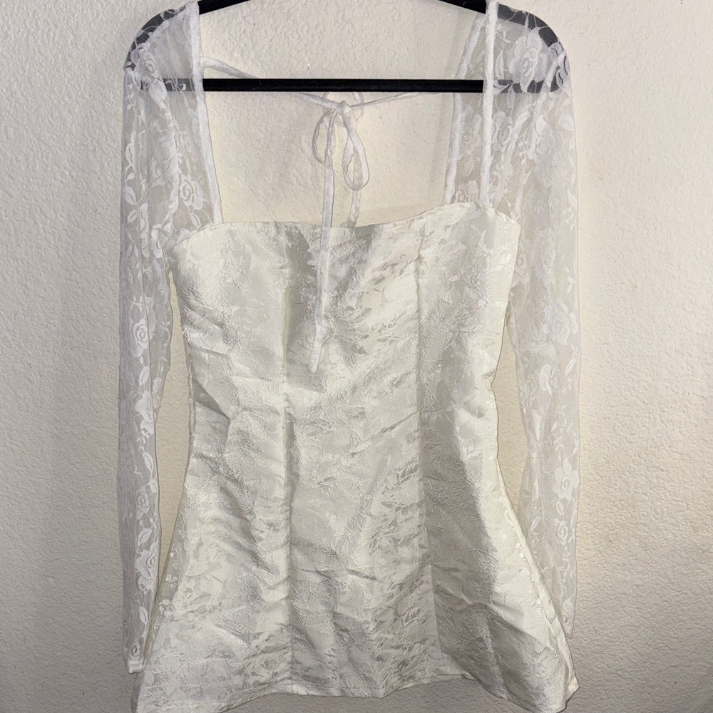 SHEIN White Lace Blouse with Sheer Sleeves